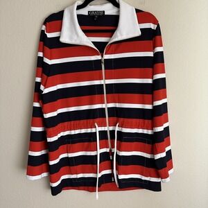 Grayse Zip Up Jacket Womens S Red Blue White Striped Drawstring Waist Nautical